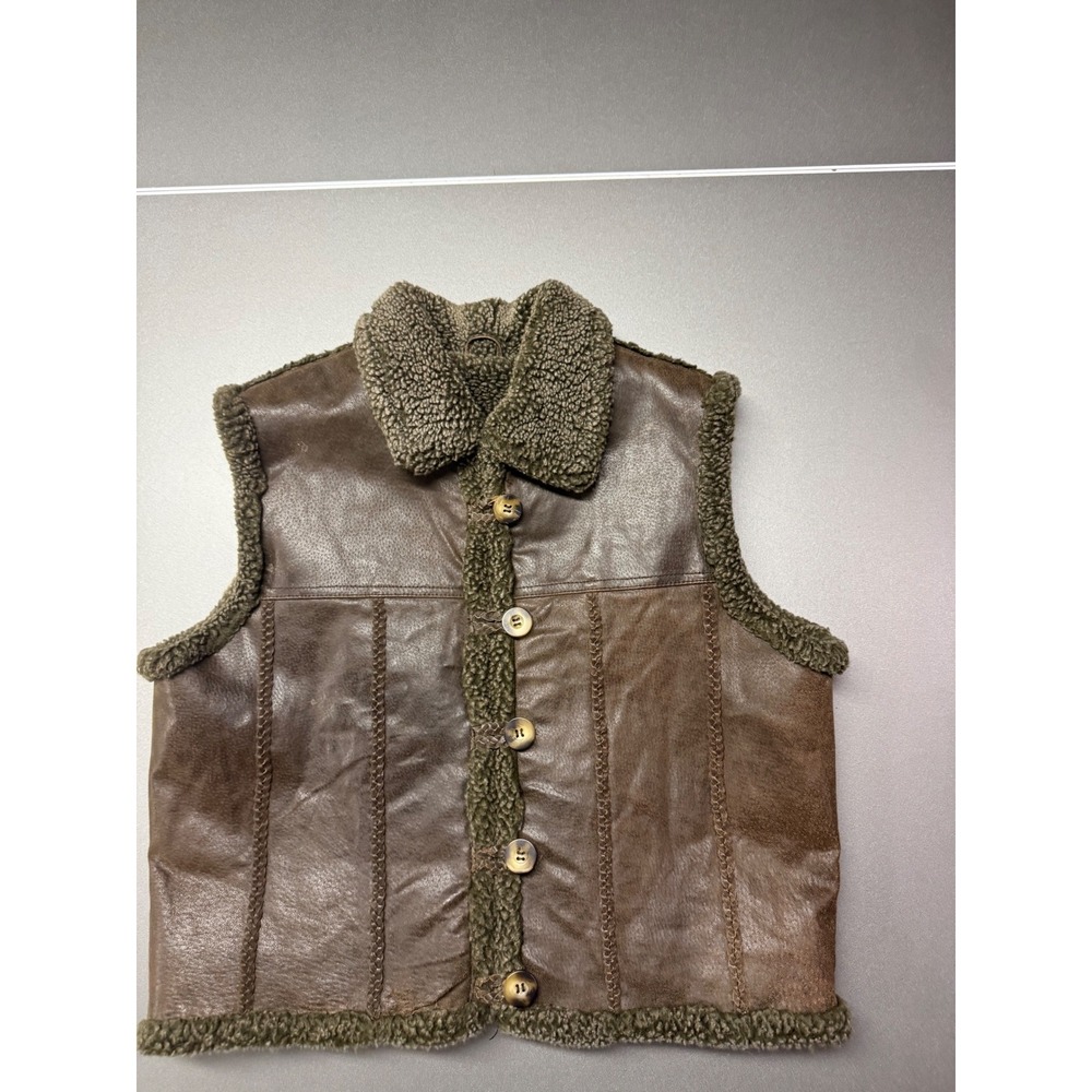 Climate Zone Brown Leather Faux Shearling Trim Quilted Lined Vest Mens Small